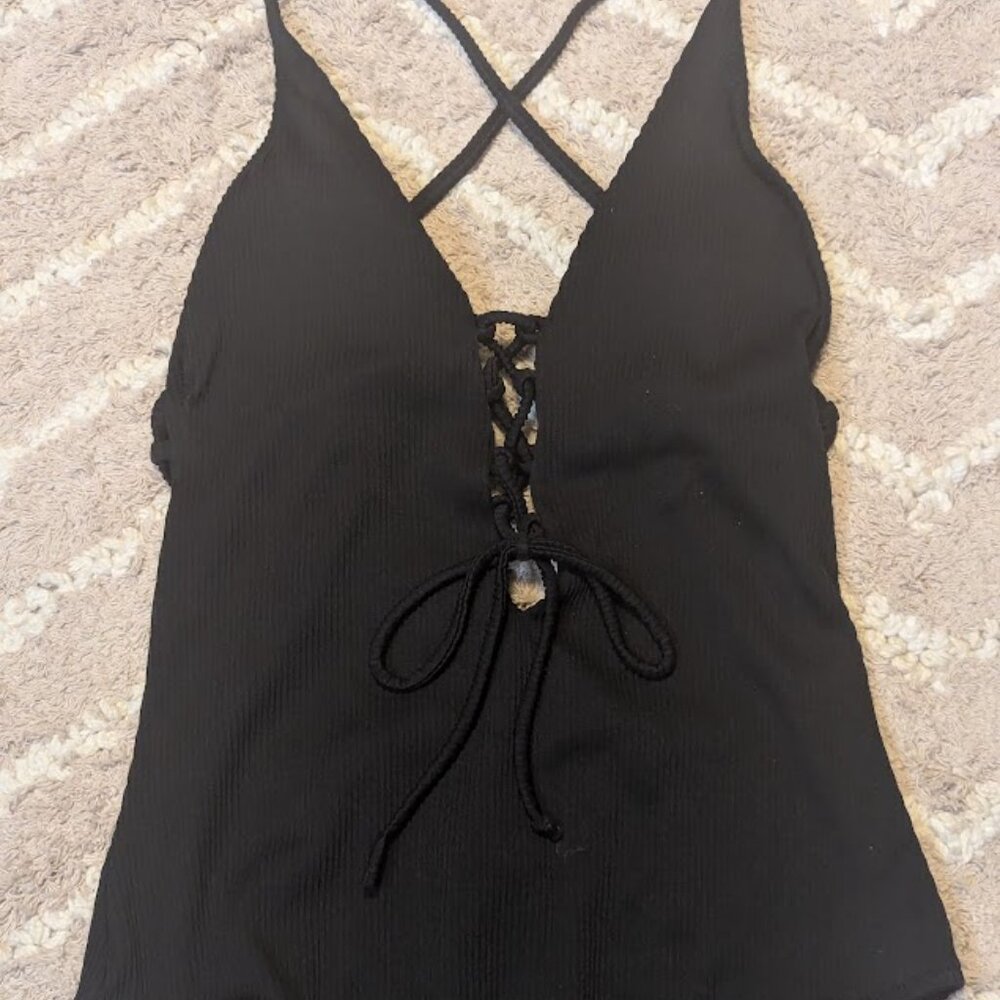 Women's Solid Color V Neck Lace Up One Piece Swimsuit Size M - Picture 4 of 7